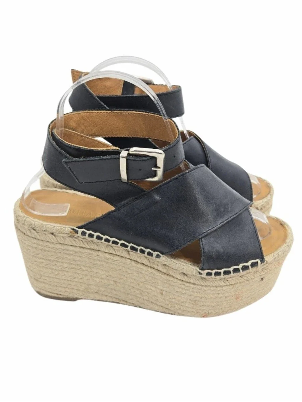 Alohas Black Leather Espadrille‎ Wedge Sandals with Ankle Strap